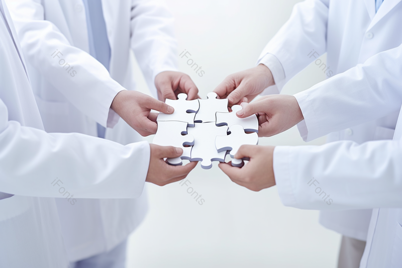 四个医生用手拼拼图来表示合作,高清,摄影图,摄影图片,图片大全,摄影图免费下载